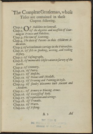 List of Chapters, The Compleat Gentleman, Henry Peacham, 1634